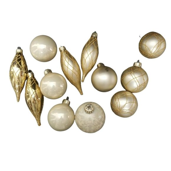 Vintage Set of 12 Cream Gold Glitter Glass Christmas Ornaments Beautiful